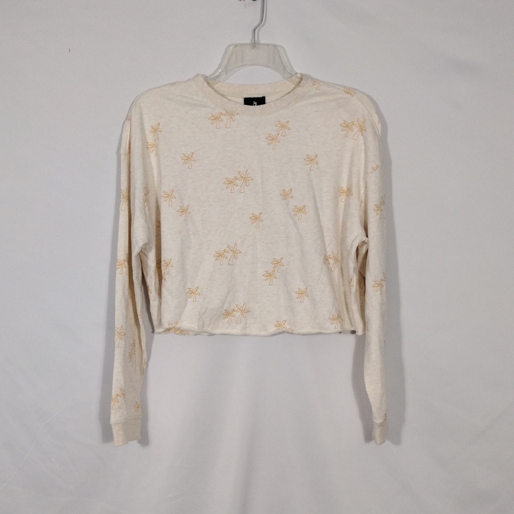 NWT Magnlens Beige And Orange Palm Trees Long Sleeve Crop Top Women's Size XS